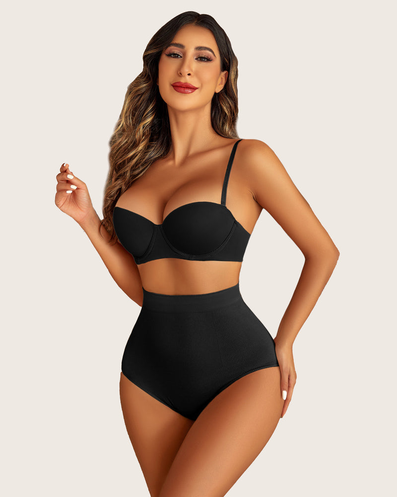 Avidlove black high-waist tummy control set, strapless bra and shapewear panties, seamless