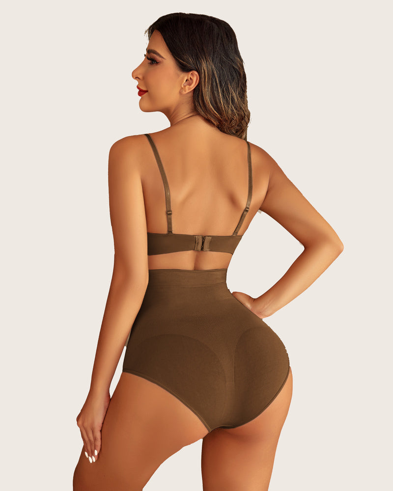 Brown Avidlove shapewear set, high-waist panties & bra, seamless tummy control, for a smooth look