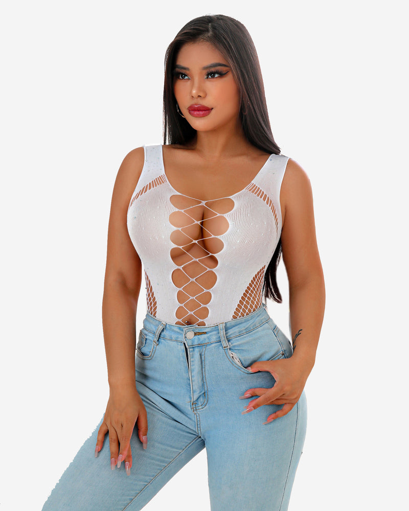 White mesh fishnet rhinestone bodysuit with lace-up front and sparkle, for women. Sexy lingerie.