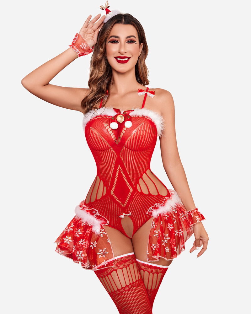Red Christmas lace bodysuit with stockings, fishnet design, snowflake skirt, and reindeer headband.