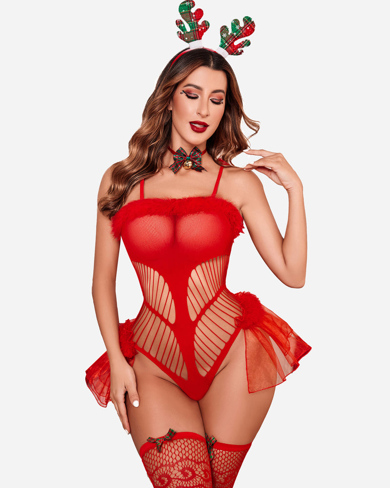 Red Christmas lace bodysuit with stockings and reindeer antlers, featuring fishnet design.
