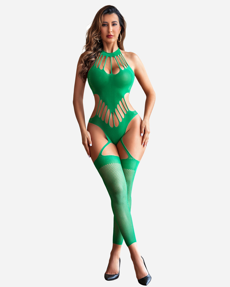 Green fishnet bodysuit with halter neck, cut-out design, and stockings, a sexy lingerie.