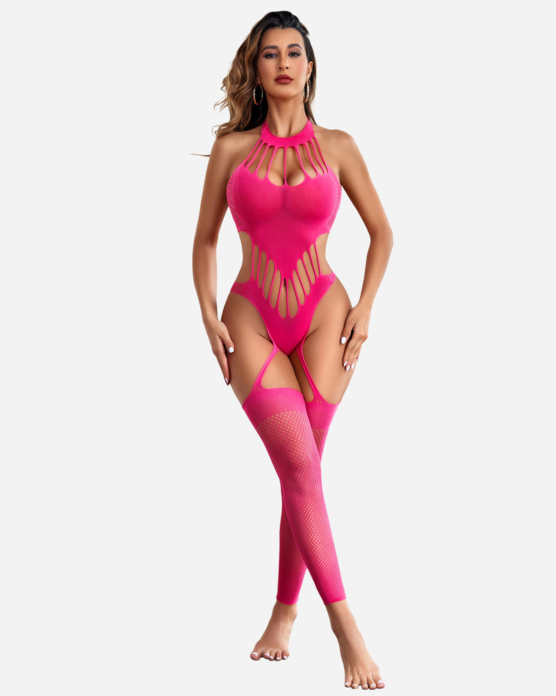 Pink fishnet bodystocking with halter neck, cut-out design, and thigh-high stockings. Sexy lingerie.