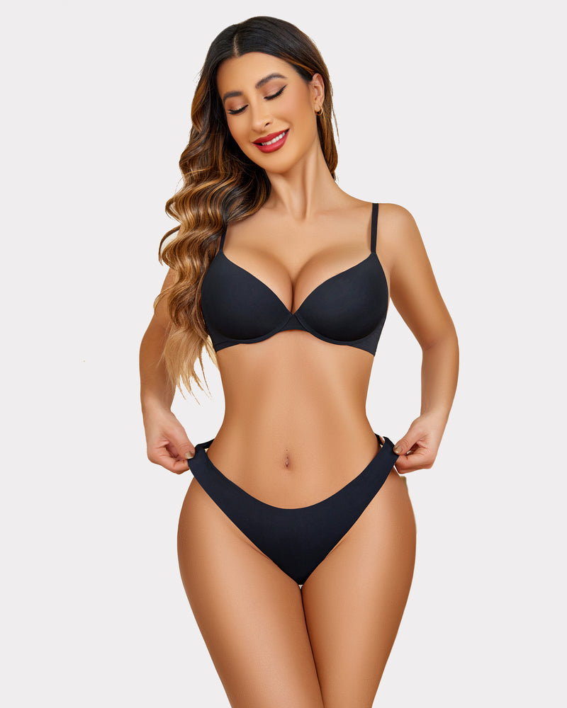 Black seamless thong and bra set, low-rise, breathable and comfortable, perfect for no-show wear