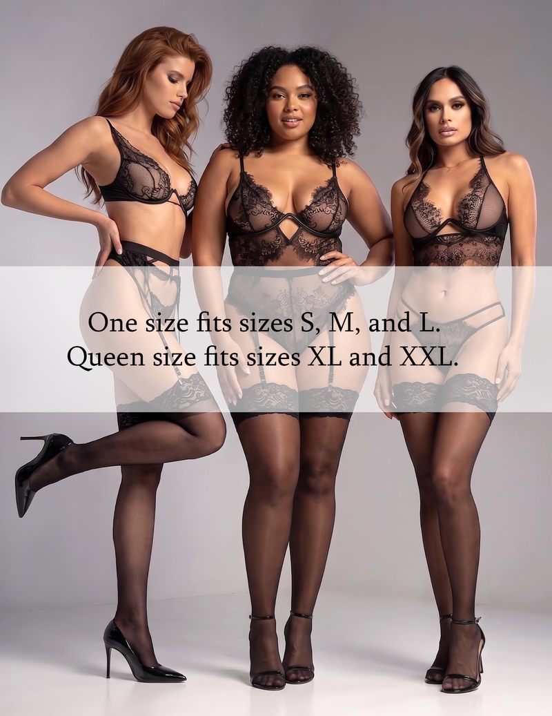 Sheer thigh-high stockings with floral lace bands shown in black on three models