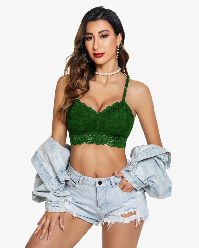 Avidlove green floral lace bralette with denim shorts. Sexy V-neck lingerie.