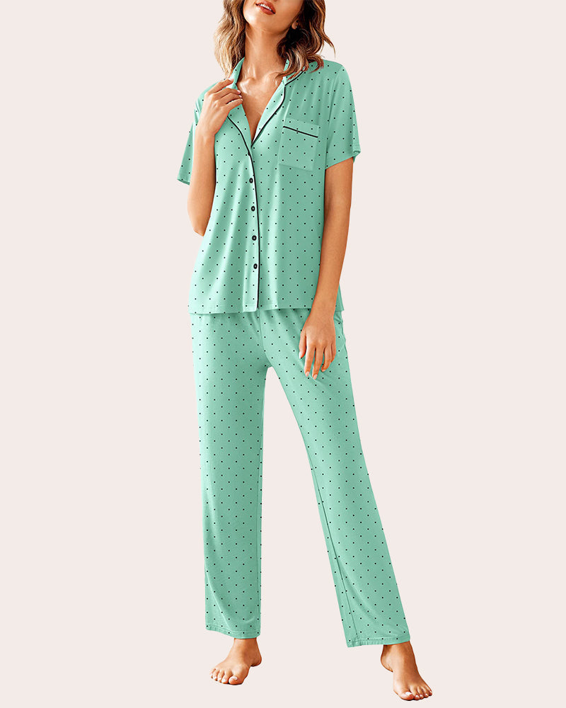 Mint green polka dot notch collar pajama set. Comfortable women's sleepwear set with black trim.