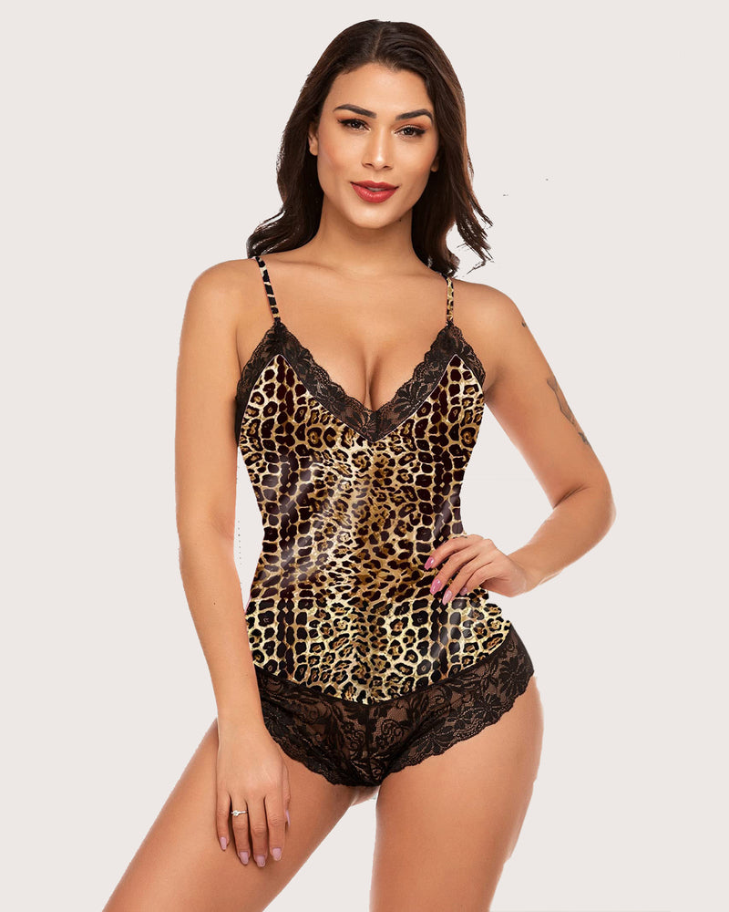 Leopard print satin bodysuit teddy mini lingerie with black lace for women
