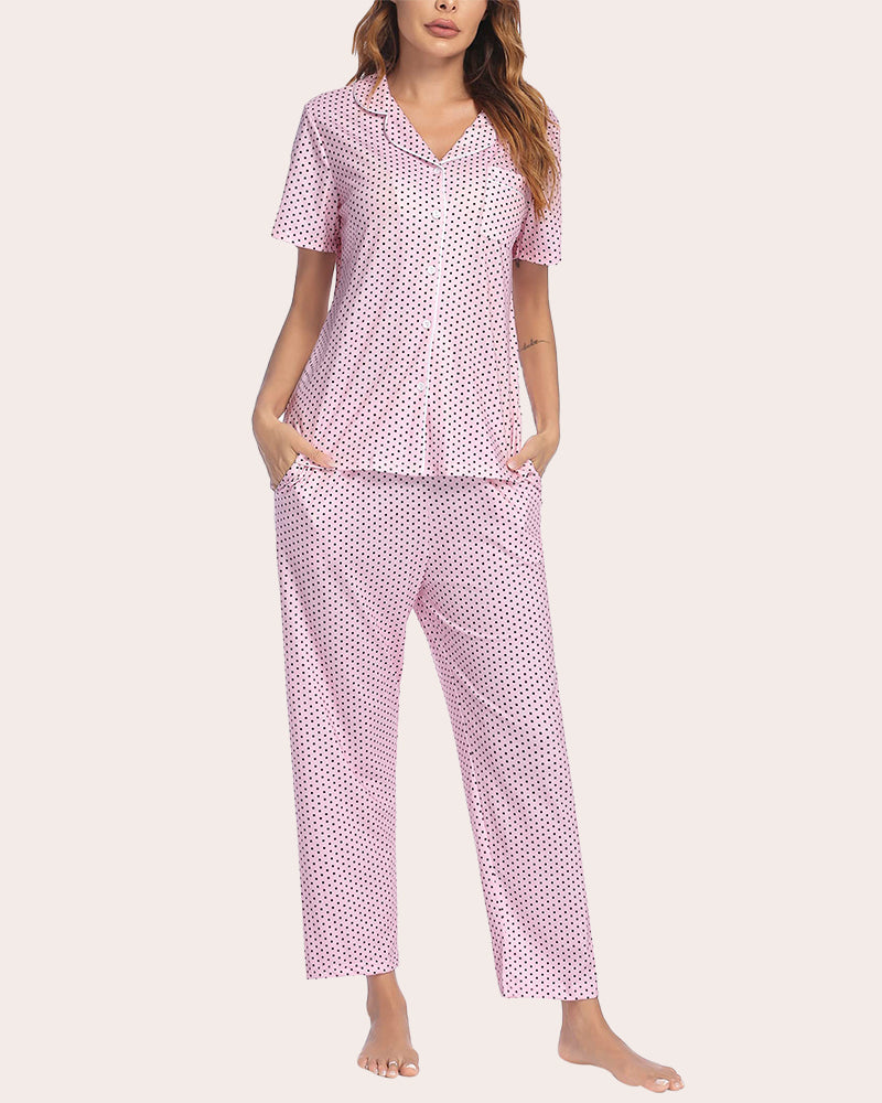 Pink polka dot notch collar pajamas set. Soft and comfy women's sleepwear with white trim.