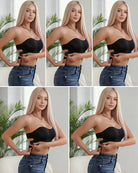 Black strapless seamless bandeau bra with crisscross front, smooth molded cups