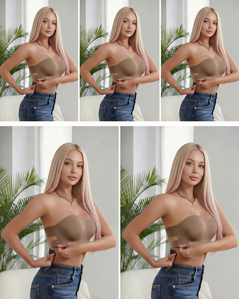 Coffee strapless seamless bandeau bra with crisscross front, smooth molded cups