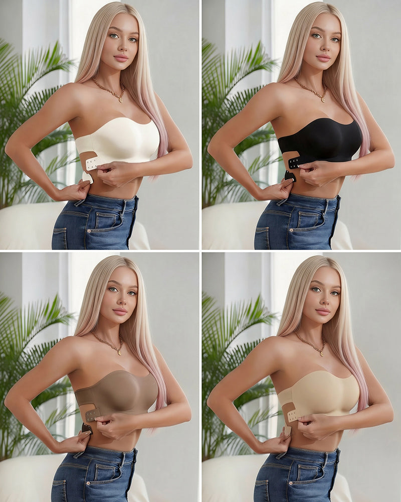 Set of strapless seamless bandeau bras in white and black, crisscross front
