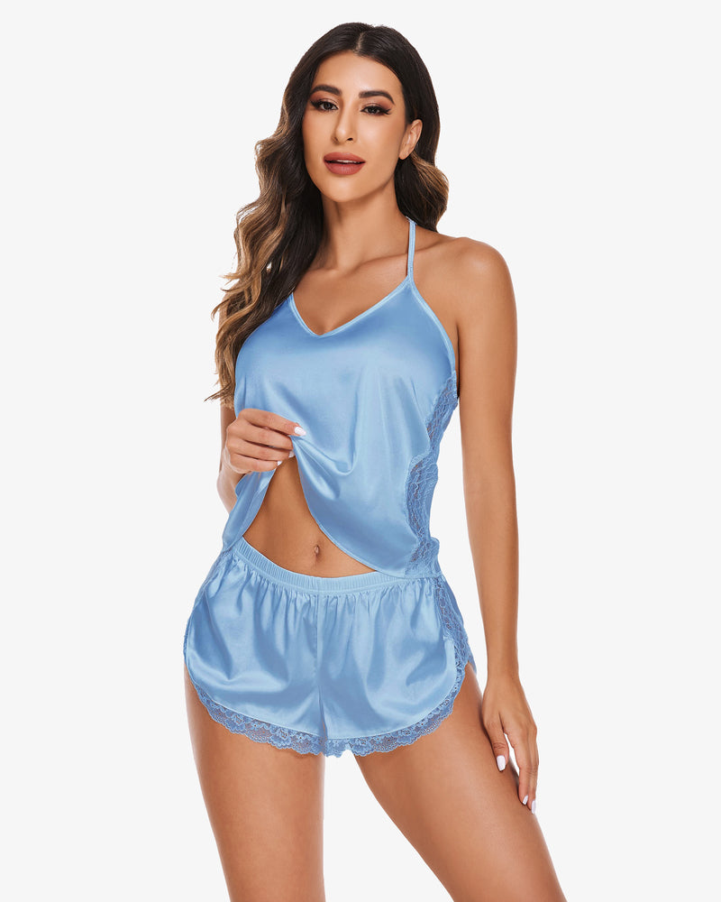 Light blue satin pajama set with lace trim, perfect sleepwear for women, Avidlove lingerie.