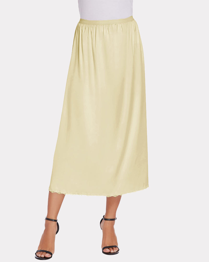 Pastel yellow satin half slip underskirt with lace trim, elegant and comfortable for women