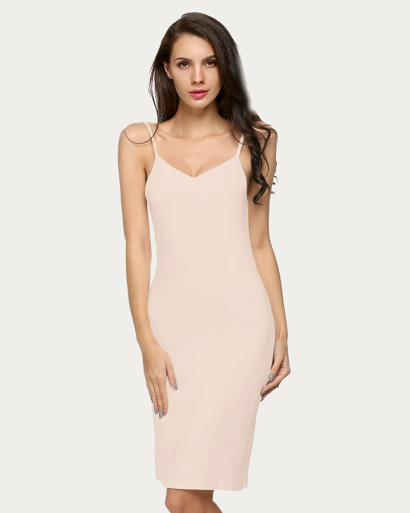 Beige Avidlove slip dress with spaghetti straps and V-neck. Comfortable, above knee length lingerie.