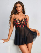 Black sheer babydoll with red floral lace cups and criss-cross straps