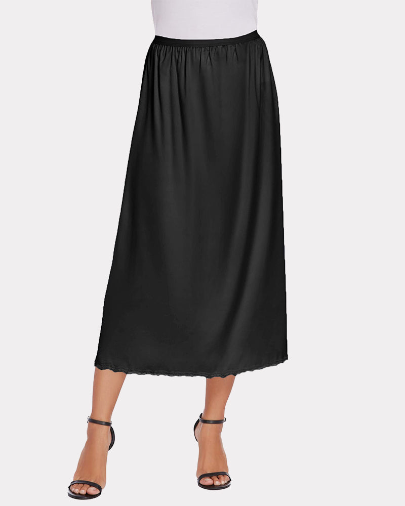 Black satin long underskirt with lace trim, perfect for layering or wearing as a slip skirt.