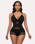 Black tummy control bodysuit with deep V-neck and cross design for shaping curves.