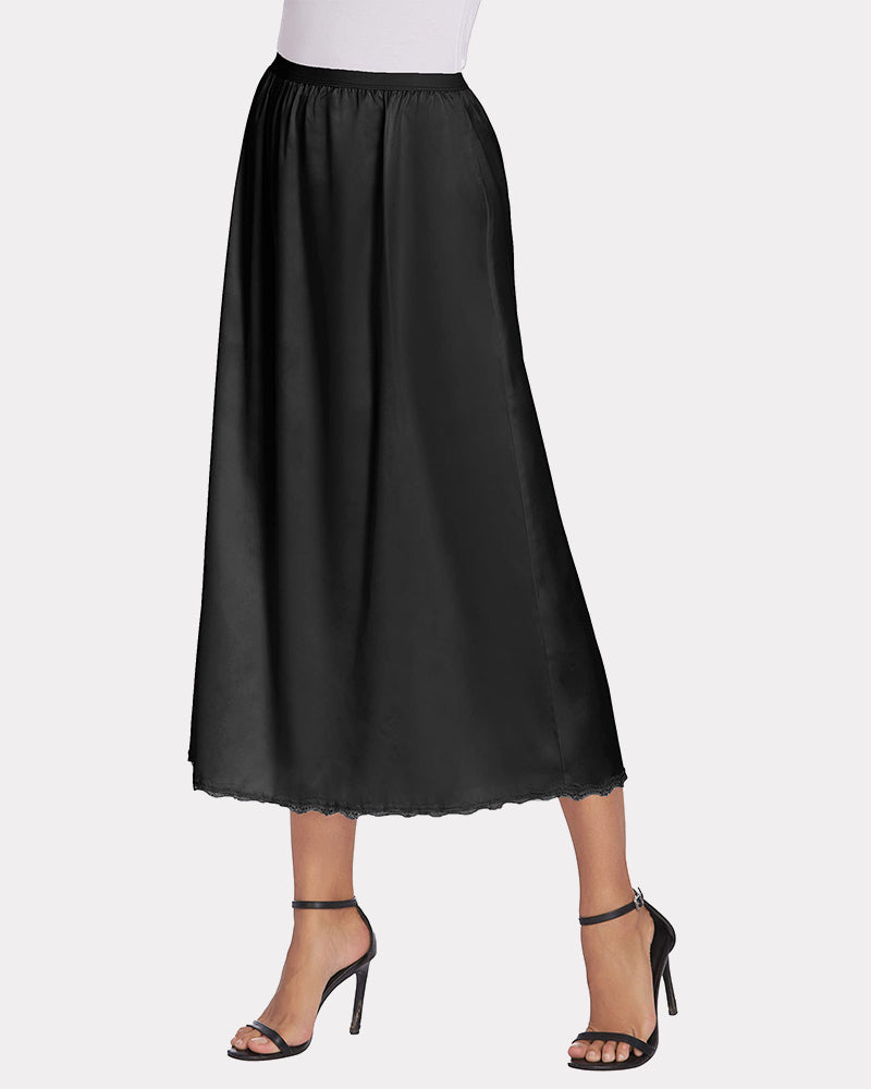 Black satin half slip with lace trim, perfect long underskirt for elegance and comfort.