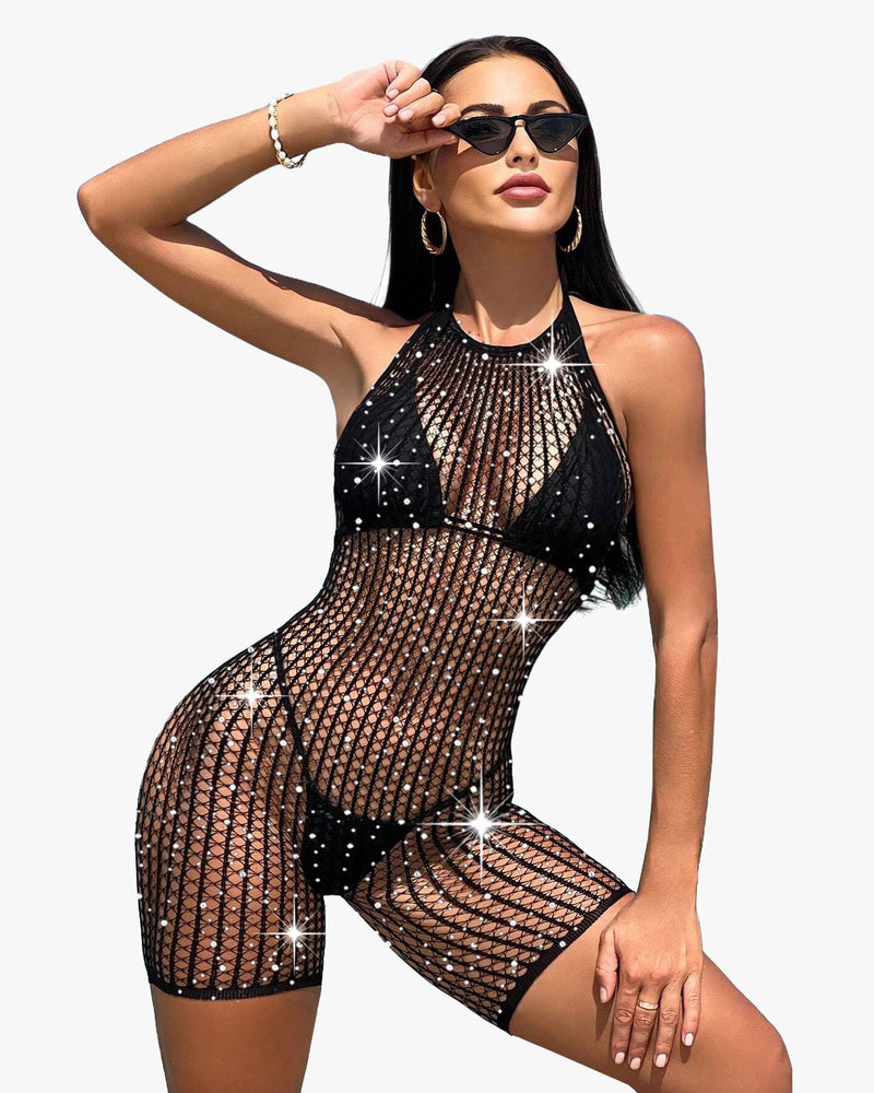 Black fishnet romper with rhinestones, halter neck design, perfect as a sexy lingerie coverup