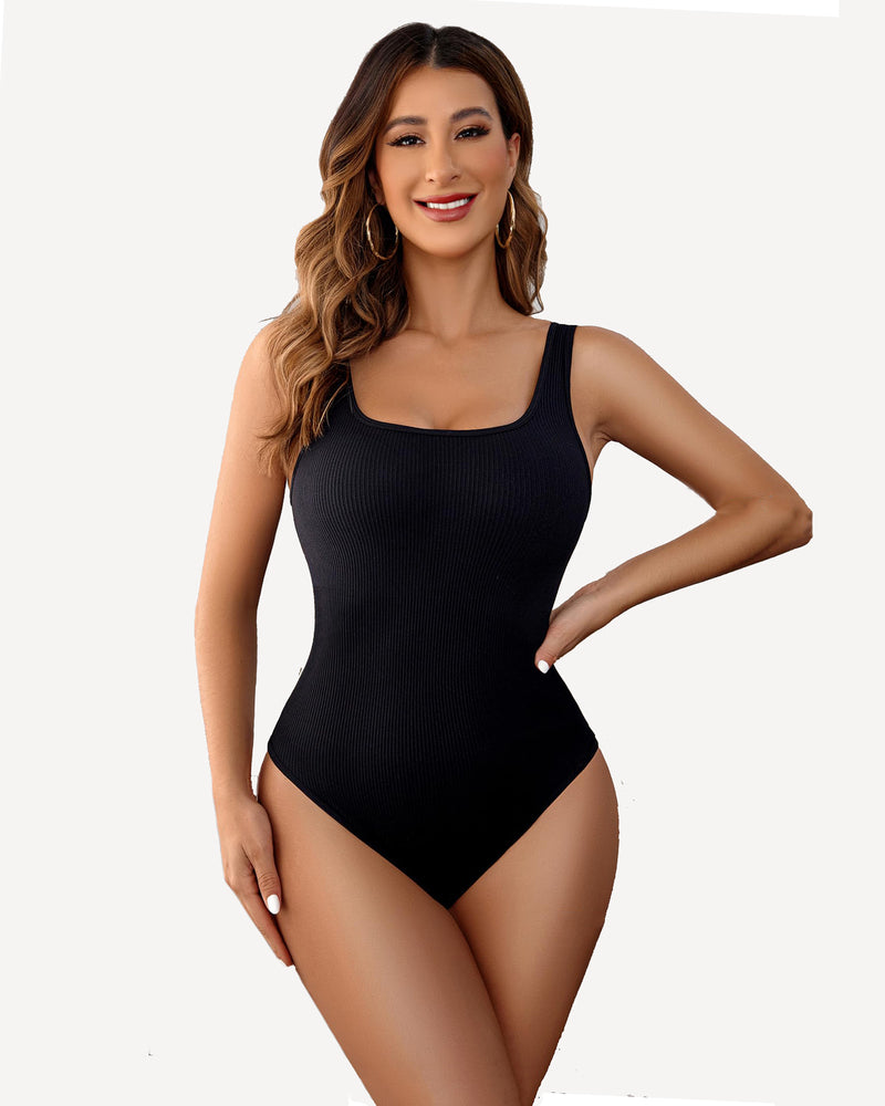 Black ribbed square neck sleeveless bodysuit, a flattering and comfortable design by Avidlove