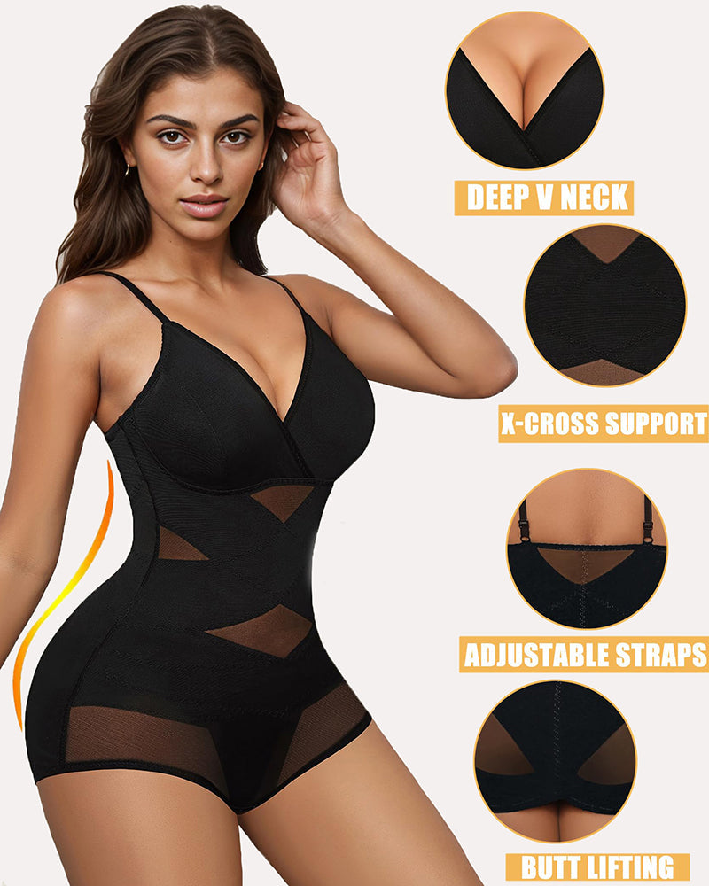 Tummy control black bodysuit shapewear with X-cross support, deep V-neck, and adjustable straps.