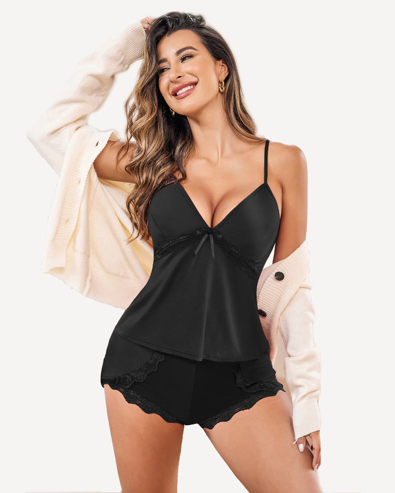Black cami set with lace trim. Comfortable and soft pajama set for women, perfect sleepwear.