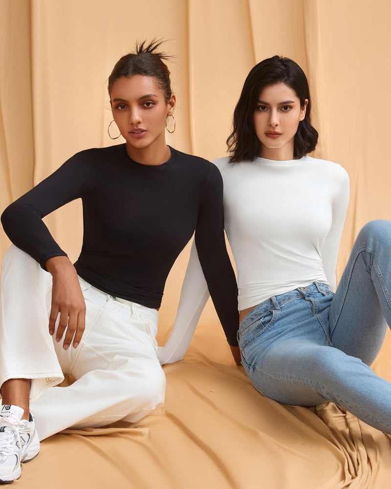 Double Lined Y2K Top: Black & White long sleeve tops, lightweight and breathable loungewear.