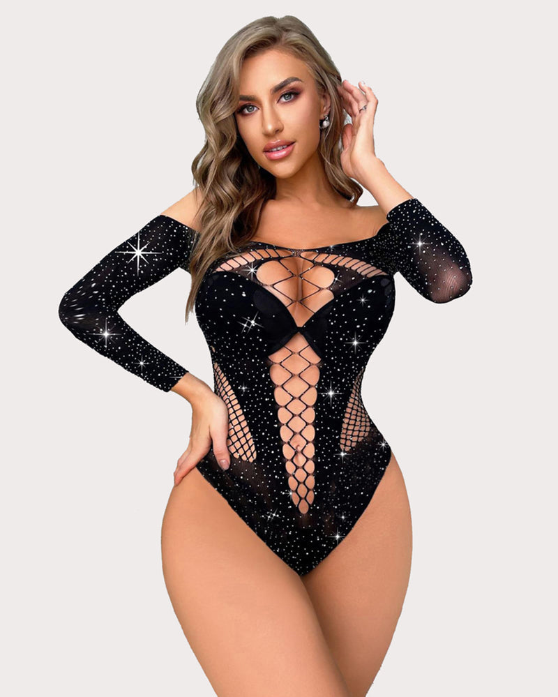 Black mesh rhinestone fishnet bodysuit, off-the-shoulder design, for a sexy and confident look