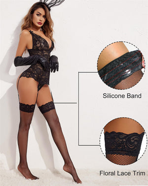 Sheer High Lace Trim Fishnet Tights High Stockings