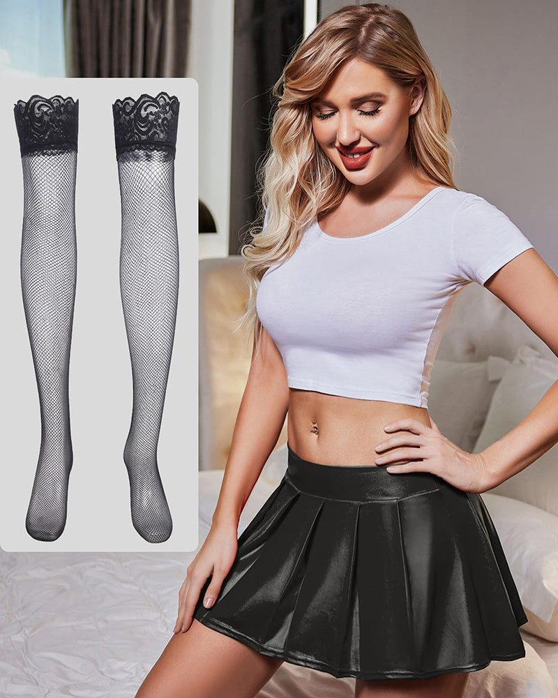 Faux leather pleated mini skirt with flared design paired with black lace fishnet stockings, stylish