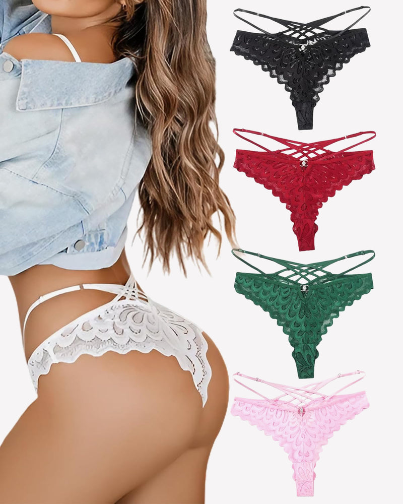Lace thong panties in multiple colors: white, black, red, green, and pink. Criss cross back.