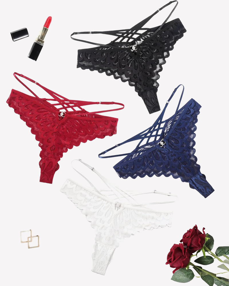 Lace thong panties in black, red, navy, and white with criss-cross back design. Low-waist.
