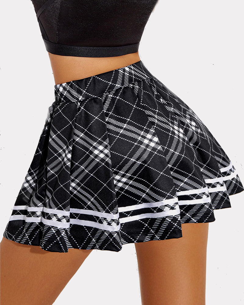 High-waisted black plaid mini skirt with white stripes. School uniform style, mini skirt.