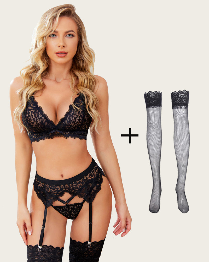 avidlove 3 piece lace leaves bra and panty set with garter blet