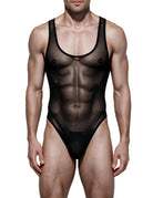 Sheer mesh thong bodysuit with black trim, sleeveless one-piece