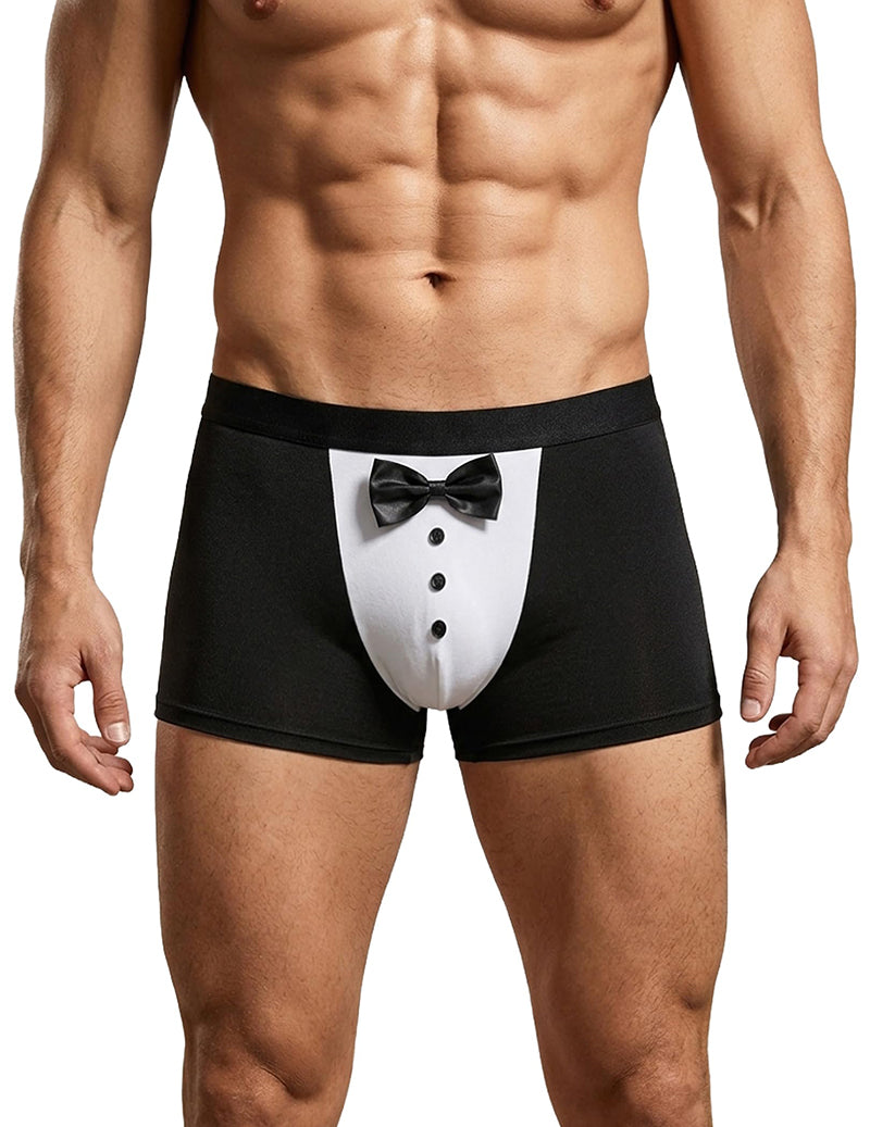 Black tuxedo boxer briefs with satin bow and white button front panel on model