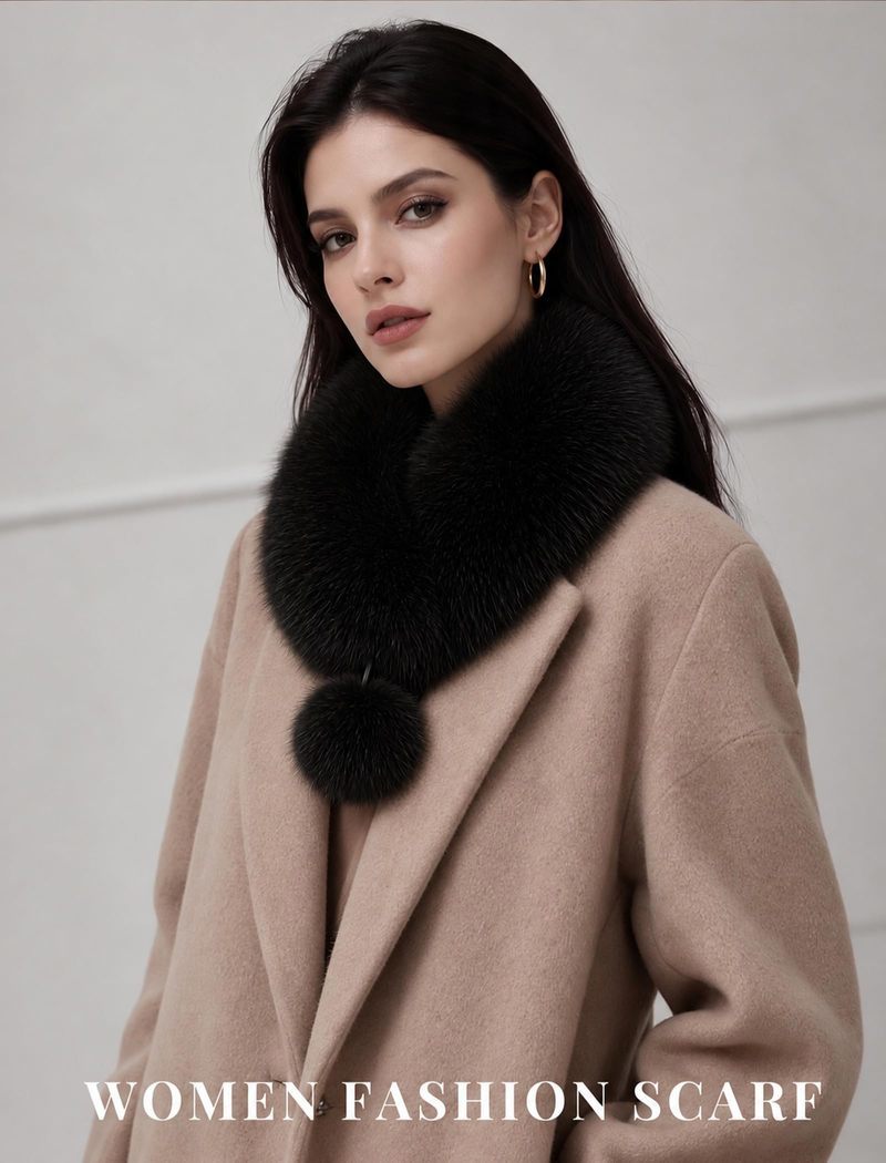 Black faux fur collar scarf with a single pom-pom, worn over a coat.