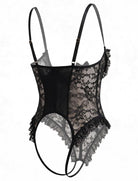 Back view of a black lace teddy bodysuit with sheer panels and ruffle trim.