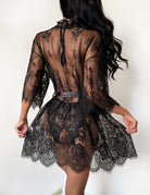 Black sheer lace robe with belt, shown from the back
