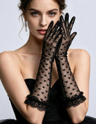 Black sheer mesh gloves with heart print and lace ruffle cuffs
