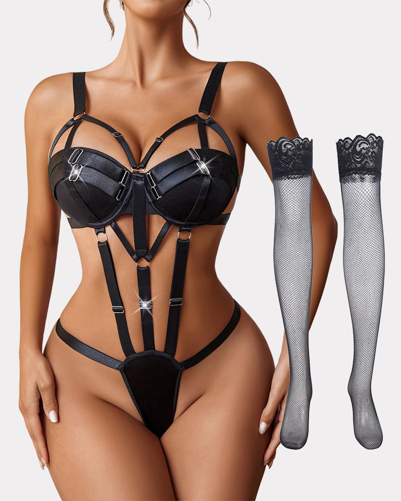 Black push-up teddy lingerie set with harness, fishnet stockings. Enhance curves and confidence