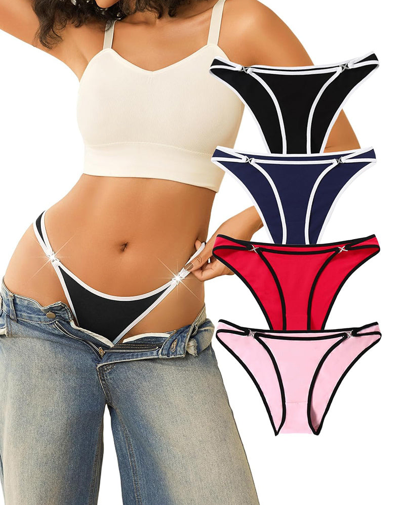 Cotton thong panties with rhinestone accents in black, navy, red, and pink, sensual lingerie