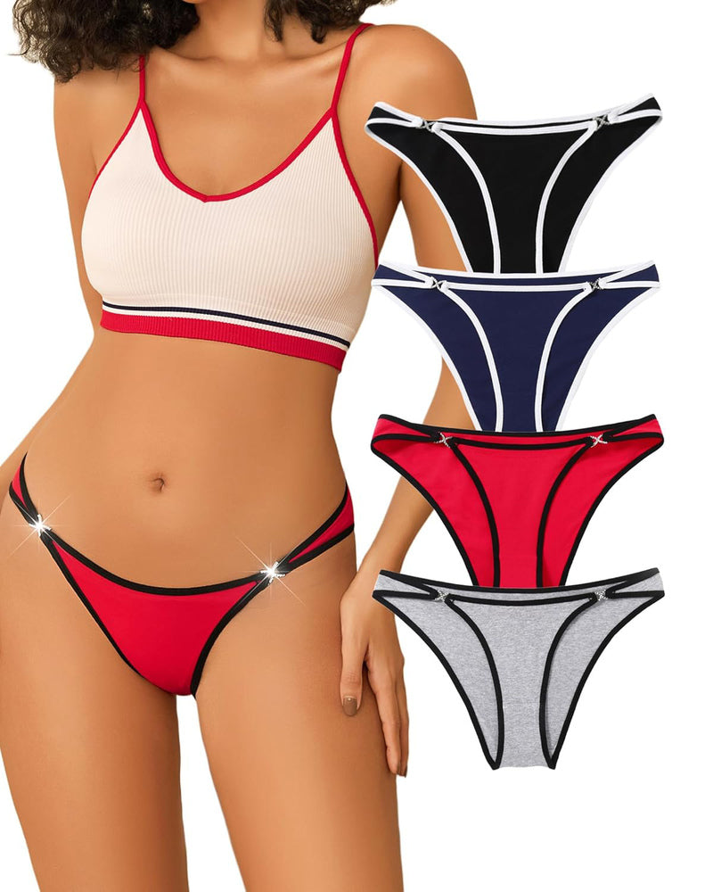 Red thong panty with rhinestone accents, matching bralette, and black, navy, gray thong panties set.