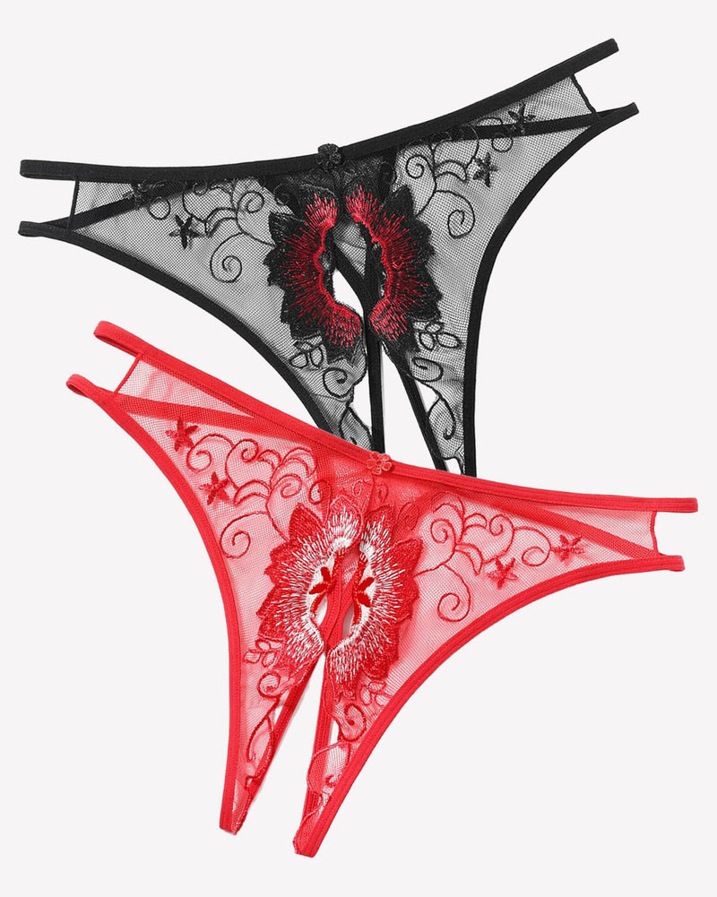 Floral embroidered thong panties in black and red, low rise design, sexy lingerie, floral details