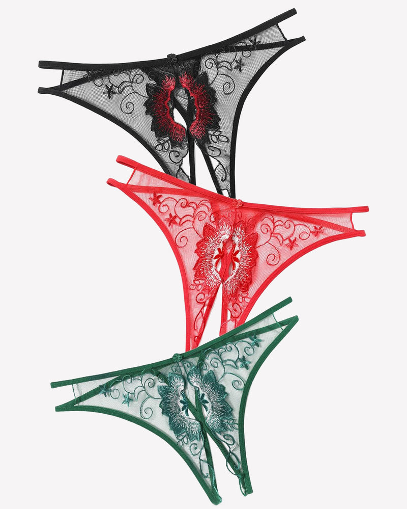 Floral embroidered thong panties in black, red, and green. Sexy low rise design.
