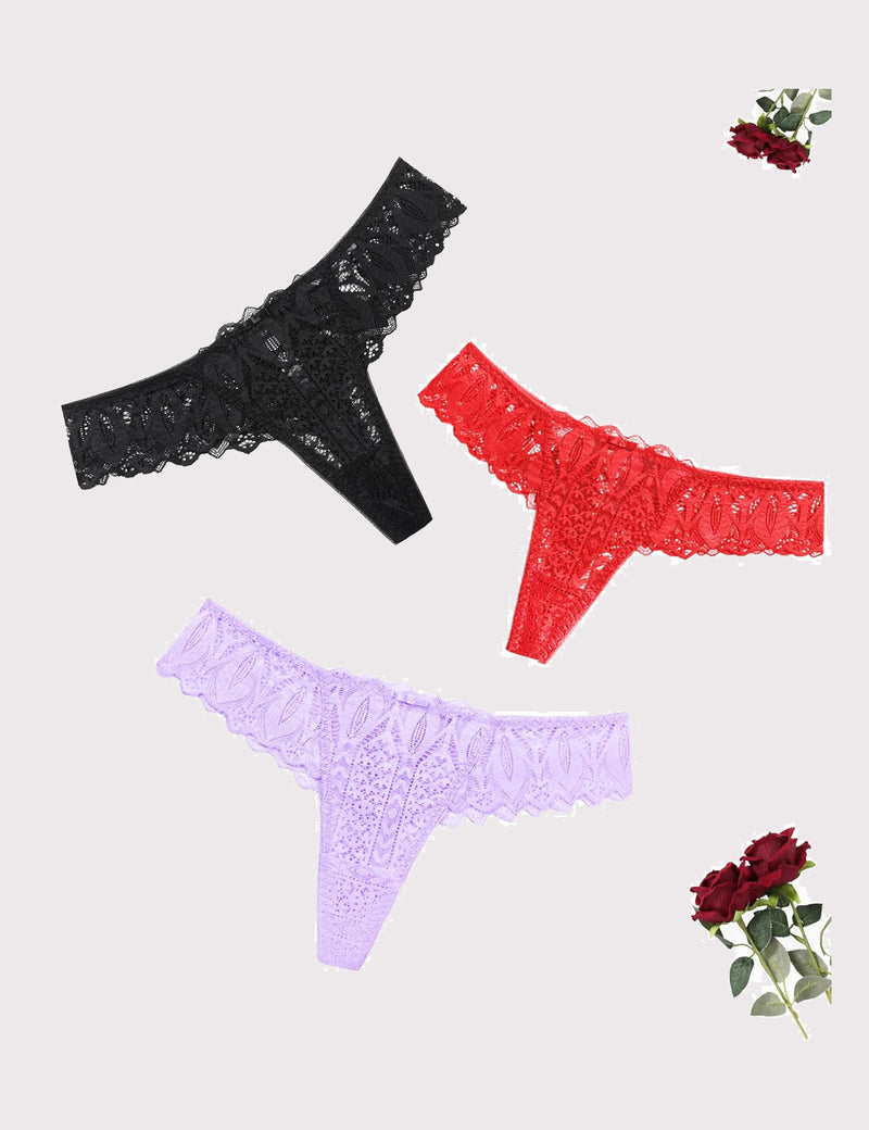 Black, red, and lavender lace thongs. Low waist, cross-back design. Sexy and elegant lingerie.