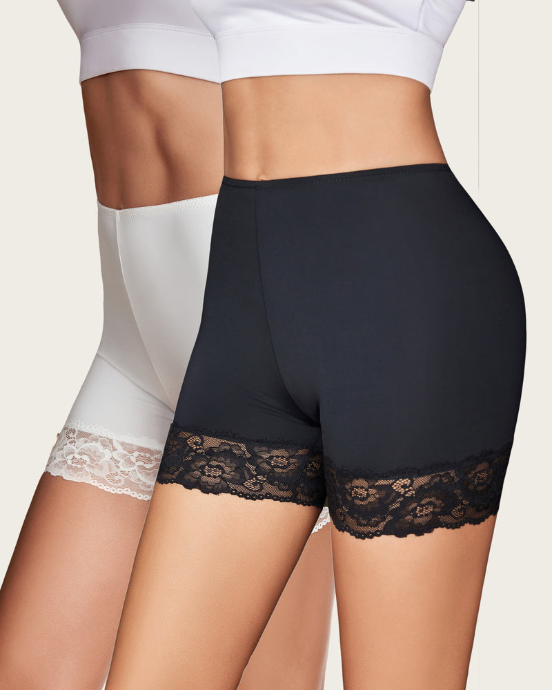 Black and white under shorts shapewear for dresses with lace hemline, anti-chafing comfort