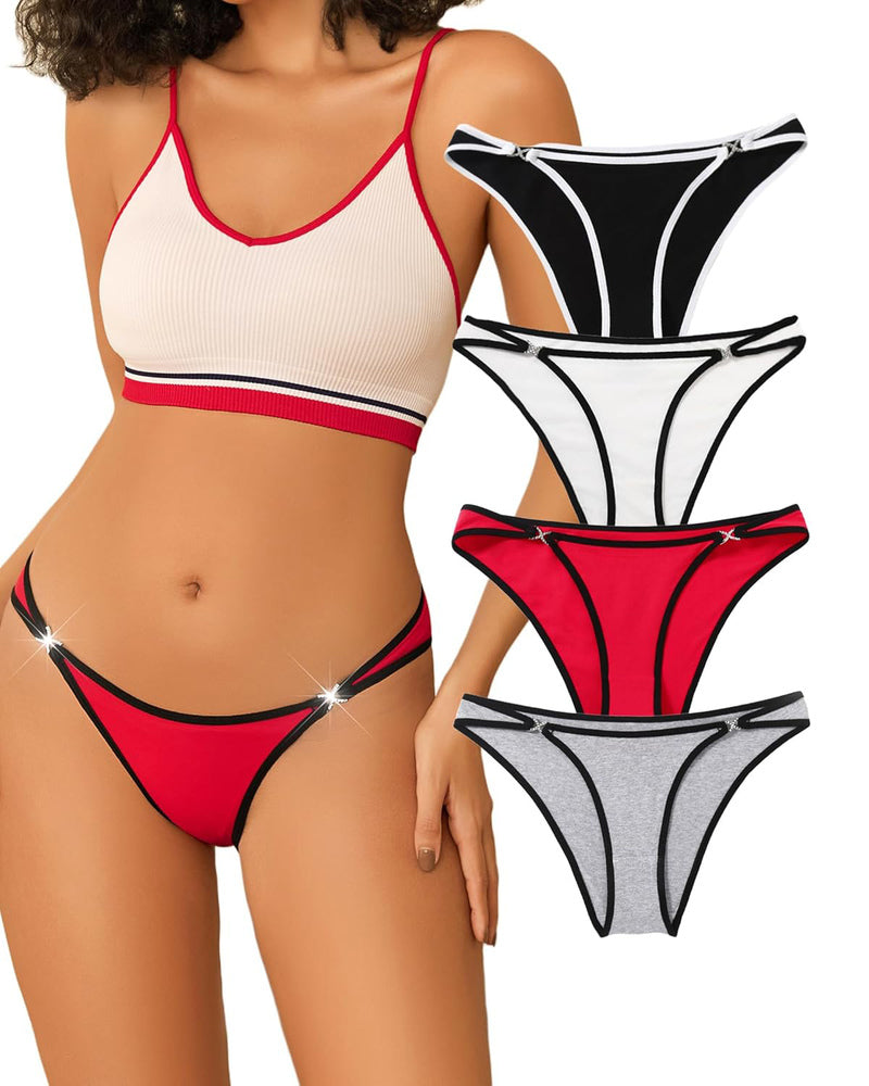 Red cotton hipster panty with rhinestone accents, alongside black, white, and gray options.