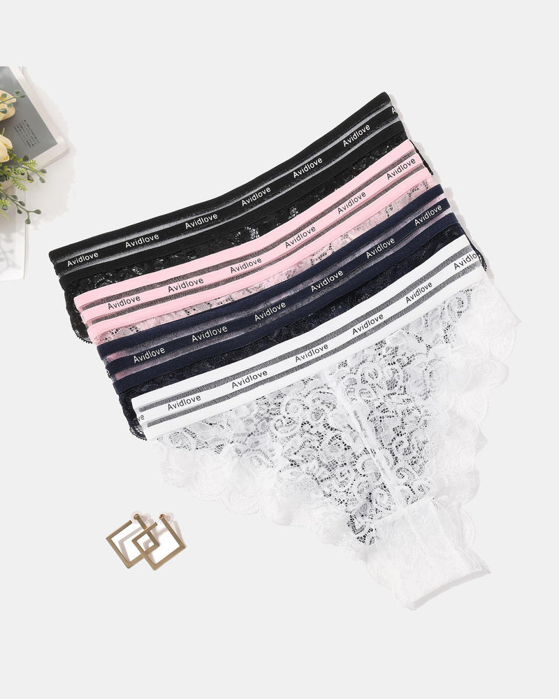 Avidlove lace hipster underwear set in various colors; featuring soft lace and Avidlove logo.